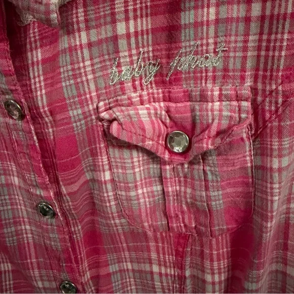 Baby Phat Y2K Pink Plaid Lace Button Front Top Size M - Picture 4 of 12
